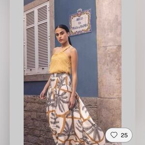 Tennis Palm Tropical black mustard high waist print A-Line Full Maxi Skirt Sz L